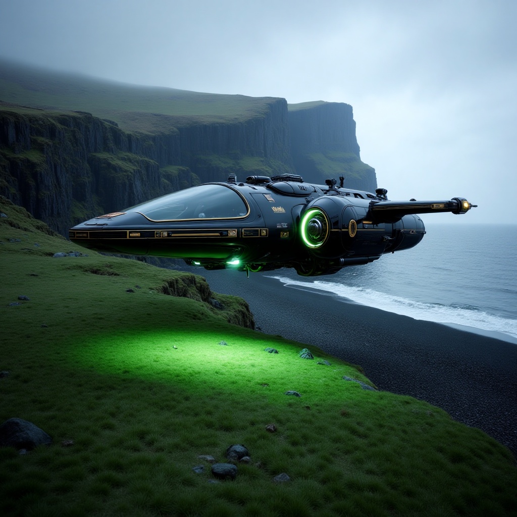 A cinematic shot of a black spaceship with gold details,  FLOATING 10 METRES ABOVE the grassy ground next to a cliff,  wit...