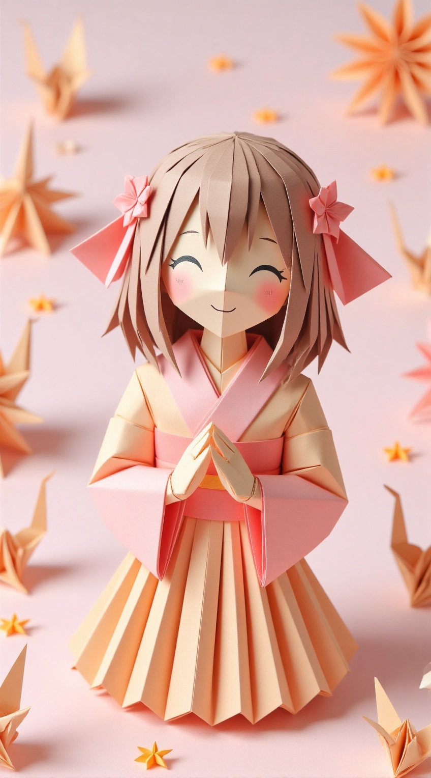 A serene scene unfolds: A little girl,  sporting a bob-cut hair made from intricately folded origami paper,  wears a kimon...
