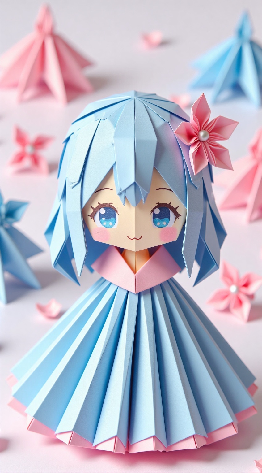 Blue and pink gradient origami,  gorgeous princess-style silhouette,  folded skirt on Tensor.Art