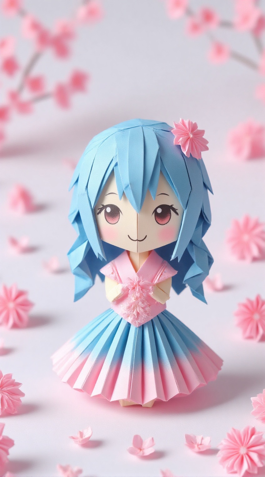 Blue and pink gradient origami,  gorgeous princess-style silhouette,  folded skirt on Tensor.Art