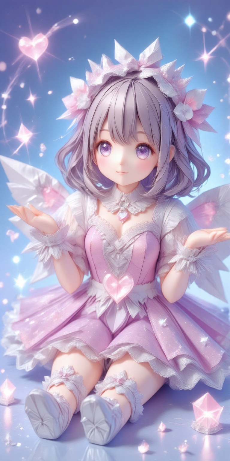 Vivid purple + turquoise background,  a sitting little angel,  a glittery dress on Tensor.Art