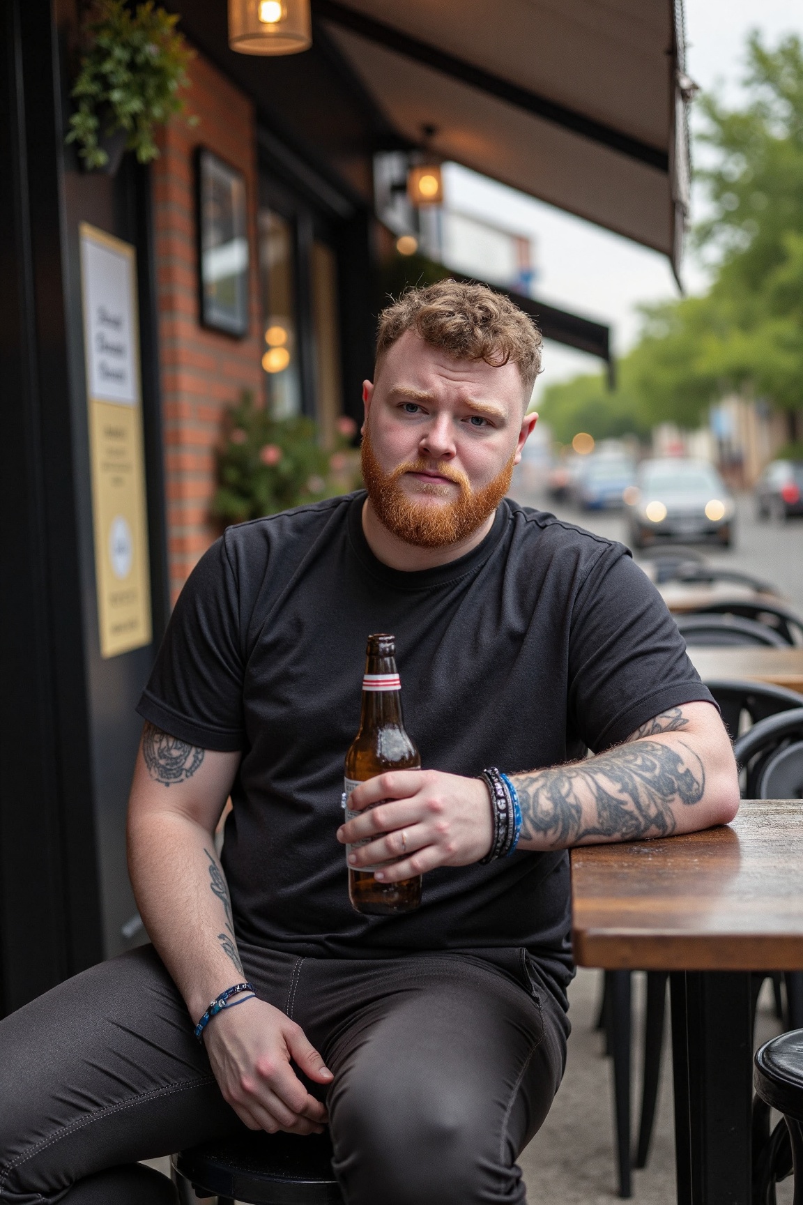 photo of jxr man,  handsome man sitting outside of a pub in dublin,  long ginger hair on Tensor.Art