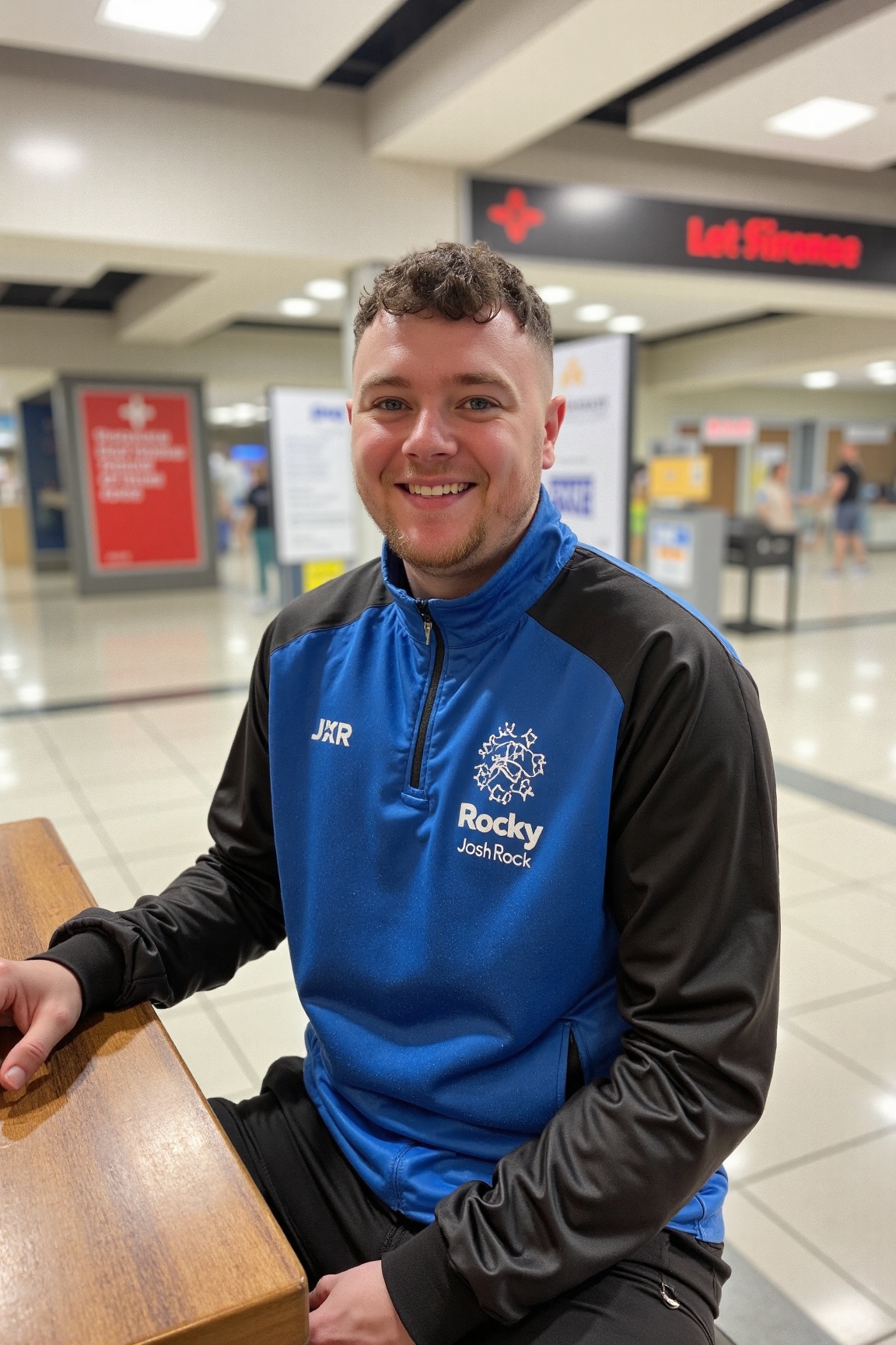 photo of jxr,  The image shows a person sitting at a wooden table in what appears to be a public space,  possibly a mall o...