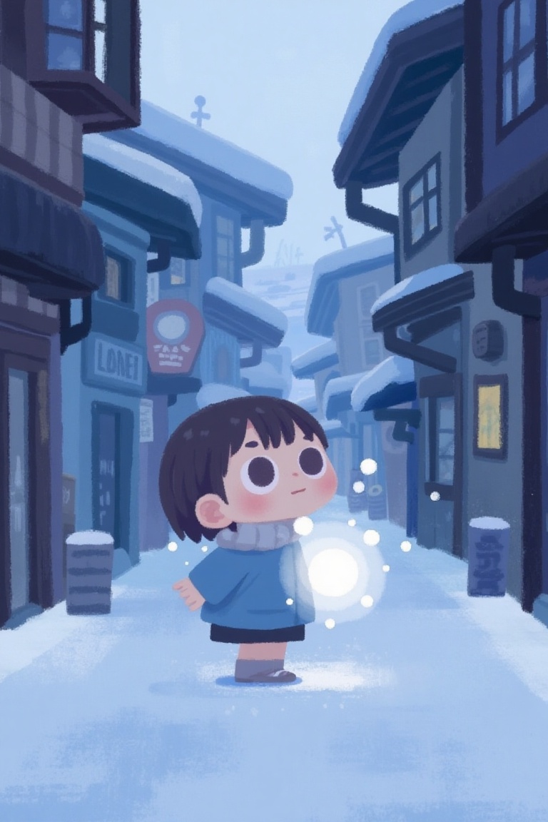 close-up of a soft-shaded child character with short bangs,  wide round eyes,  and pink blush on Tensor.Art