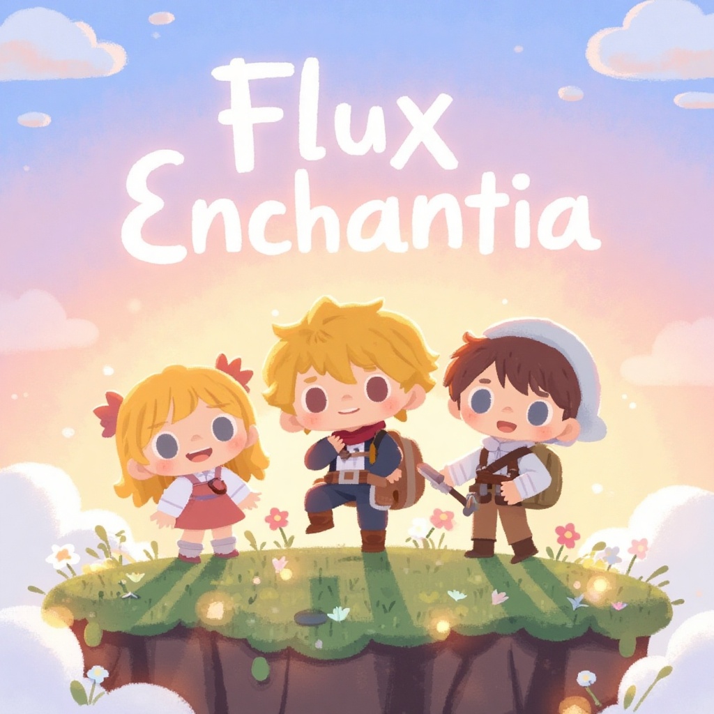 a whimsical chibi-style illustration showing three child adventurers standing close in the foreground on a grassy floating...