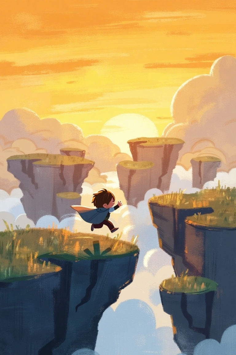 child adventurer leaping across floating sky islands,  cloak fluttering,  golden sunset sky on Tensor.Art