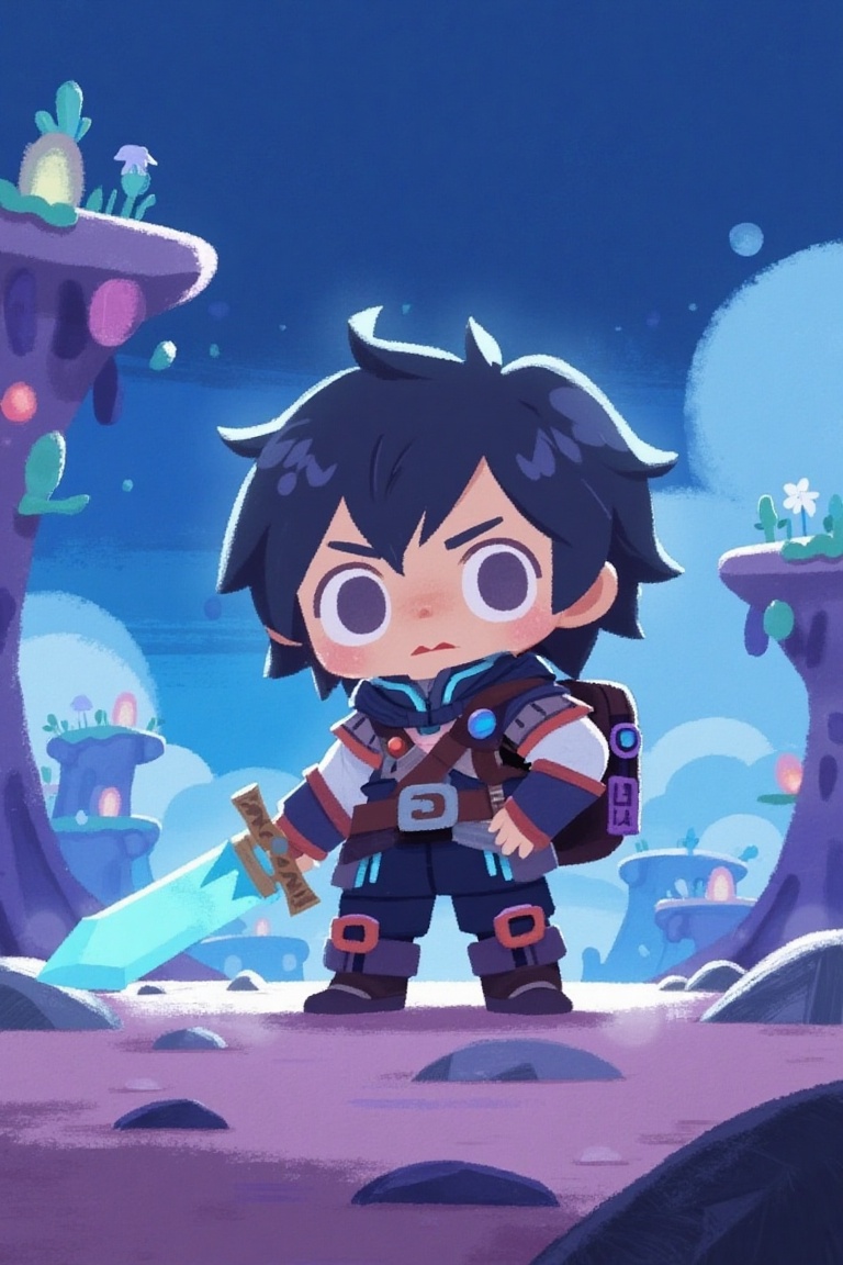 a chibi character in futuristic RPG gear,  glowing sword,  neon accents on Tensor.Art