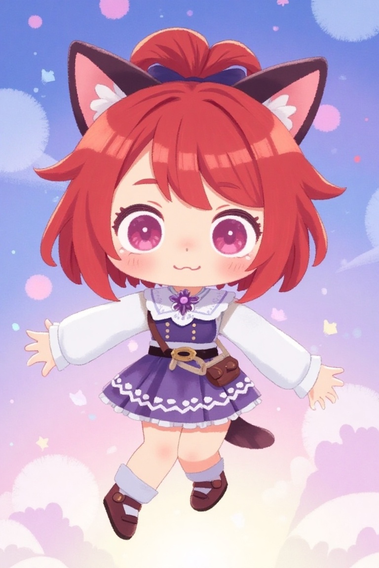 a chibi girl with red ponytail and cat ears,  dreamy lighting,  fantasy clothing on Tensor.Art