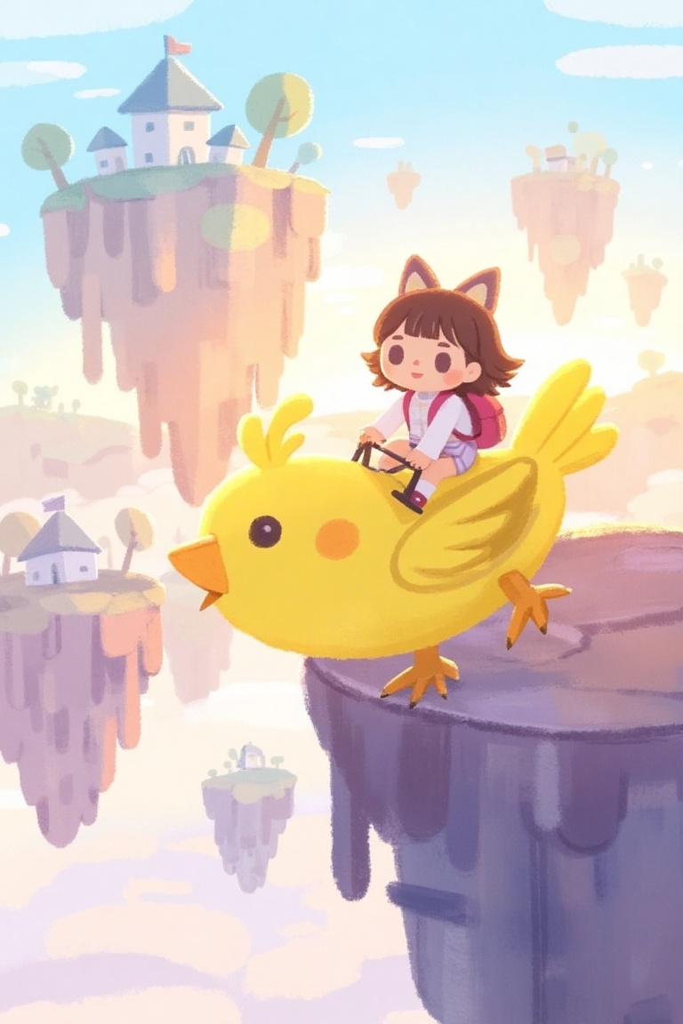 a small girl with cat ears riding a yellow bird creature through a sky of floating islands,  soft pastel colors,  painterl...