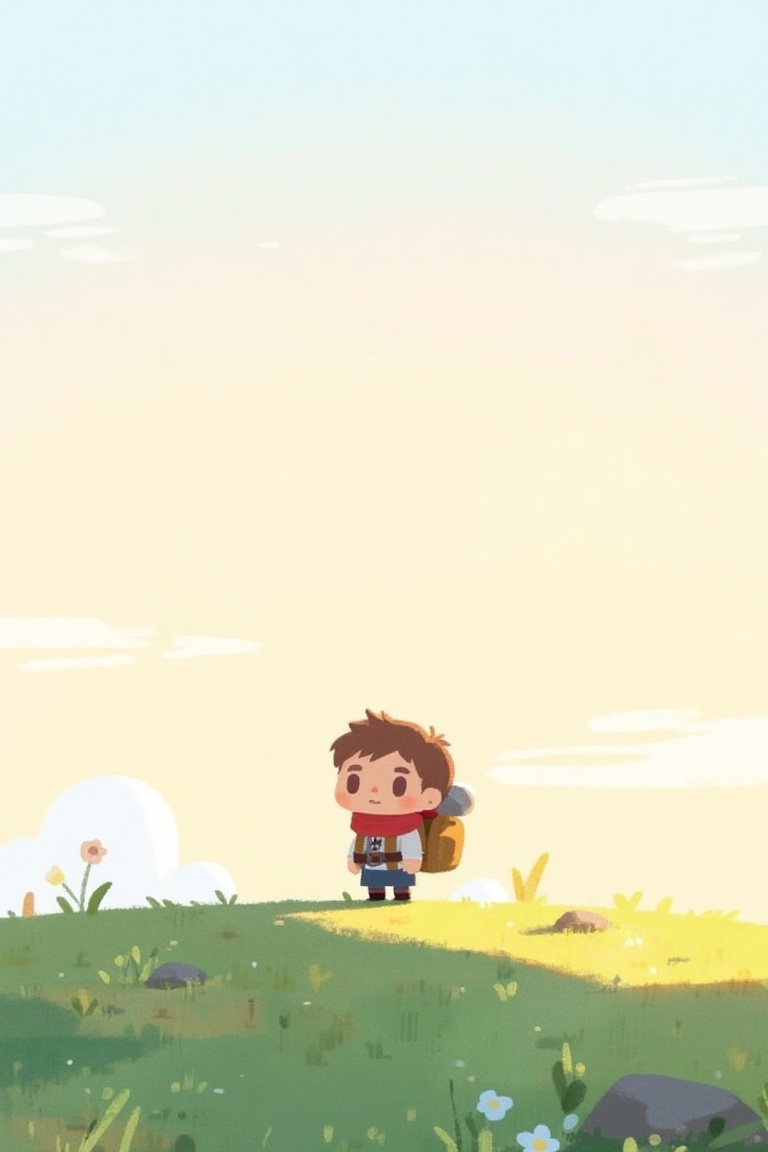 a chibi-style child adventurer with a red scarf and backpack,  standing on a grassy hill under a pastel sky,  soft brushwo...