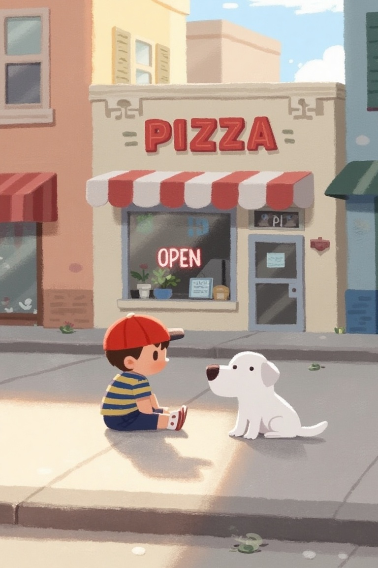 a small boy in a red cap and striped shirt sitting on a quiet sidewalk next to a white dog,  soft shadows,  pastel-toned b...