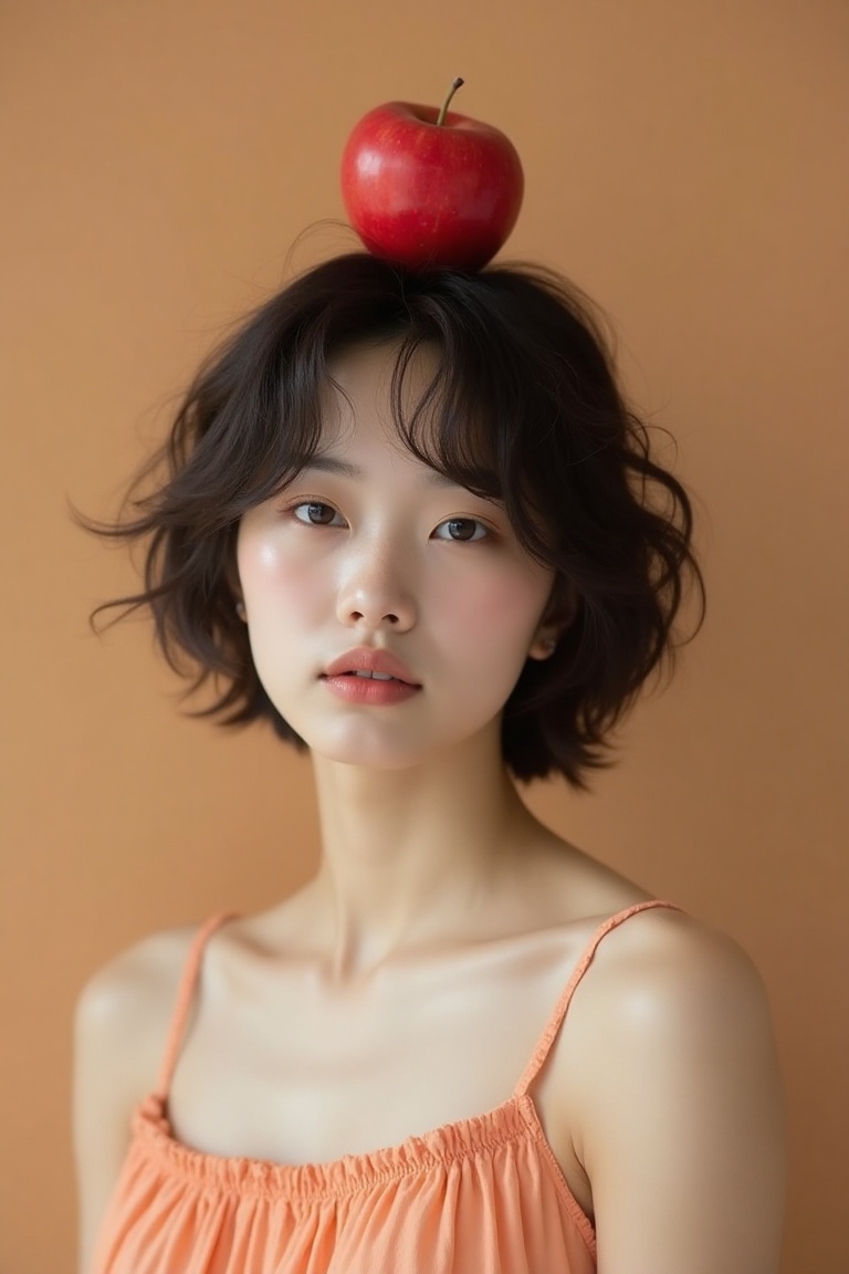 Portrait of a beautiful young Asian woman with short,  tousled dark brown hair and soft bangs,  gazing calmly at the viewe...