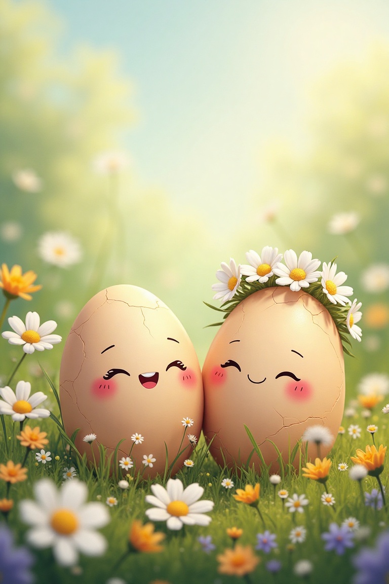 Adorable and whimsical scene of two anthropomorphic eggs with cute,  expressive cartoon faces,  nestled in a vibrant sprin...