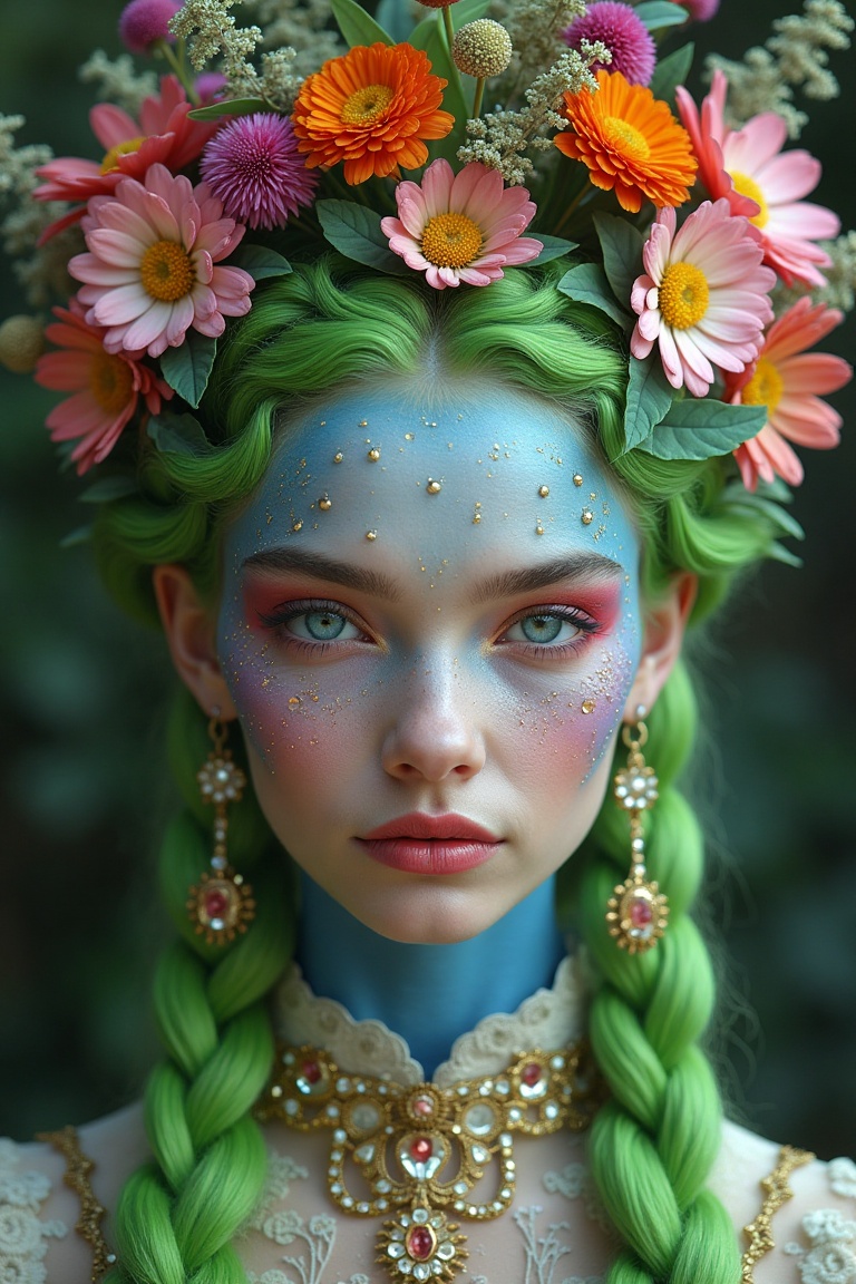 Surreal portrait of a young woman with fantastical makeup and floral headpiece,  inspired by fantasy and cultural fusion....