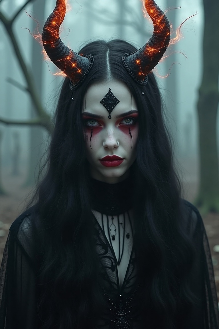 Dark fantasy sorceress with long flowing black hair,  adorned with glowing orange flame-tipped horns and fiery tendrils ex...