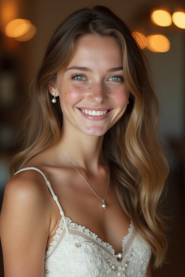 a young woman with long,  wavy,  light brown hair. She is wearing a sleeveless on Tensor.Art