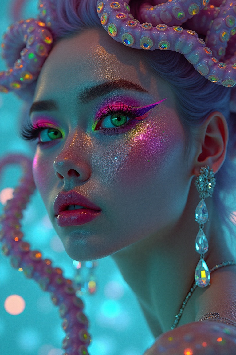 A futuristic,  cyberpunk-inspired portrait of a mesmerizing woman with glowing,  iridescent octopus-like hair. Her neon gr...