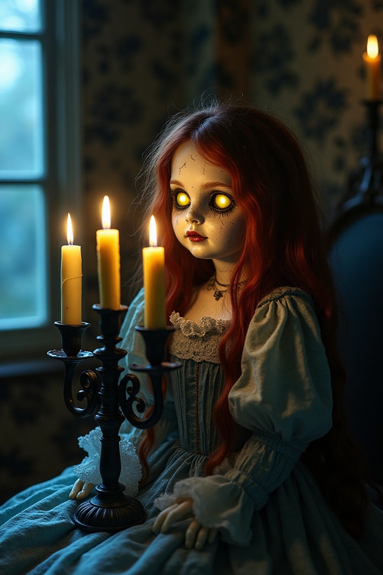 Creepy gothic porcelain doll with glowing yellow eyes,  cracked face and pale porcelain skin,  holding a black wrought iro...
