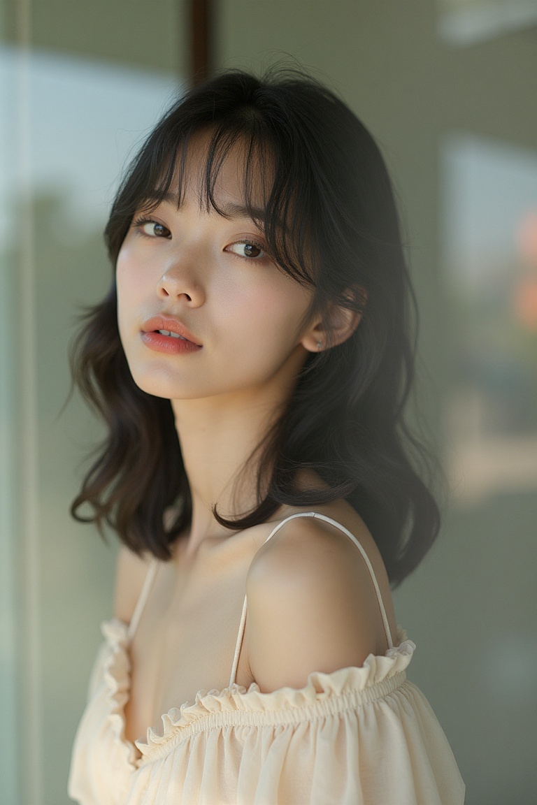 A soft,  dreamy portrait of an East Asian woman with natural beauty,  gazing over her shoulder with a subtle on Tensor.Art