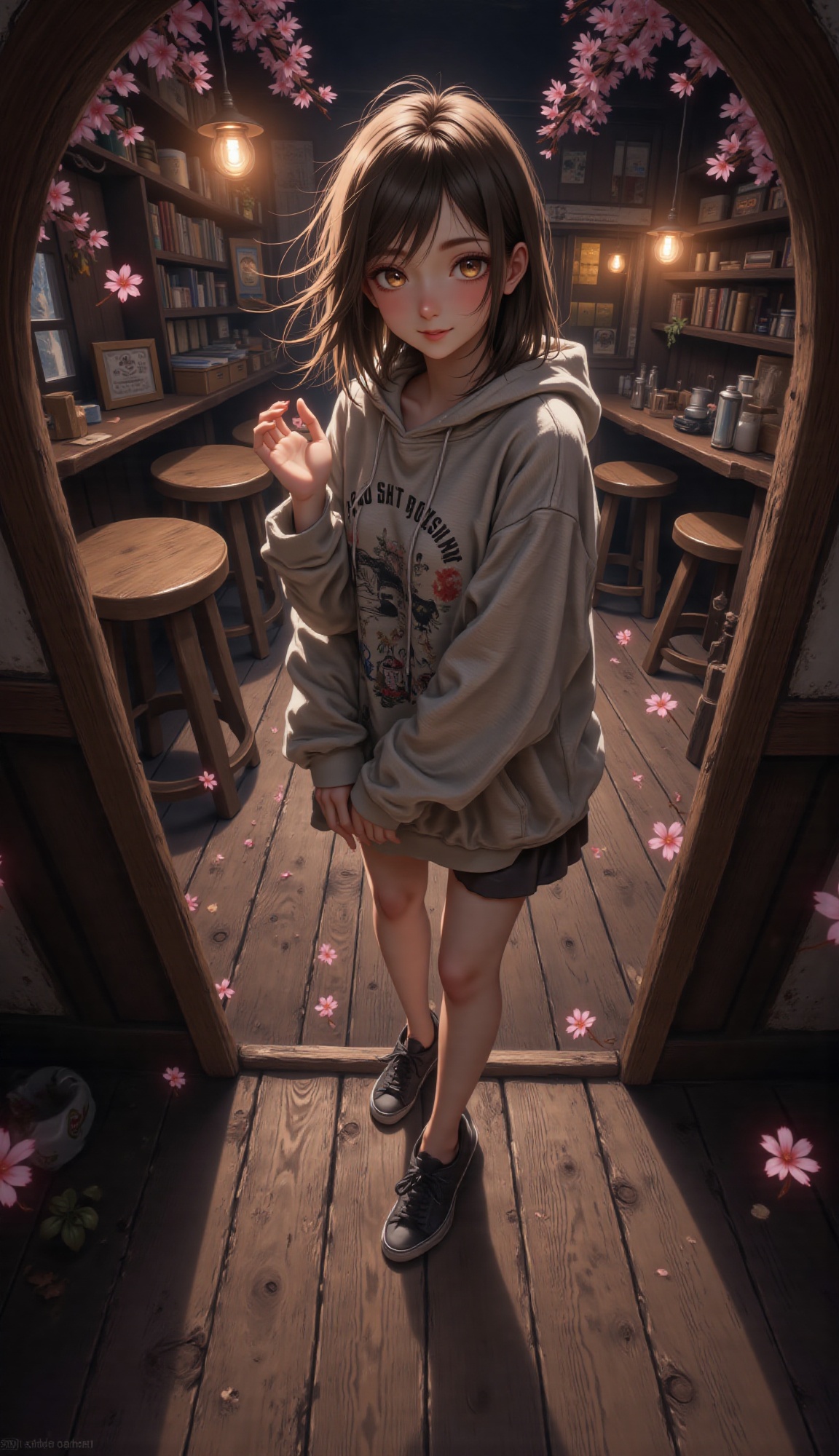 Captured from a high,  wide-angle perspective,  a young anime-style girl with dark on Tensor.Art