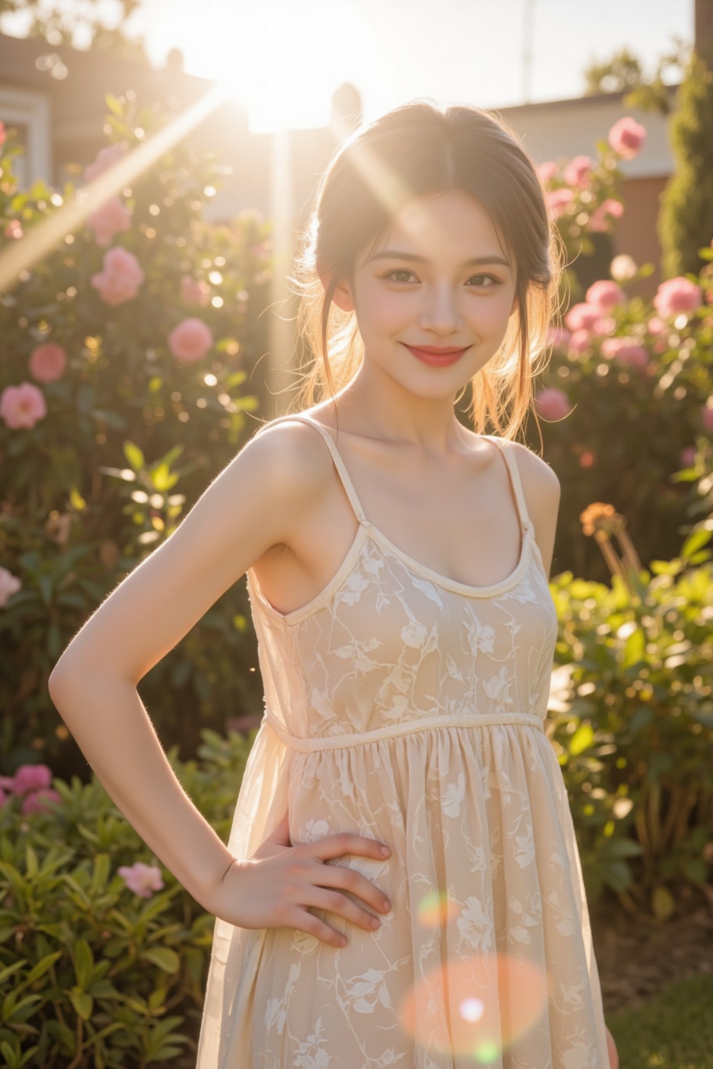 A young and beautiful girl standing in a sunlit garden,  her face illuminated by soft sunlight. She is dressed in a flowin...