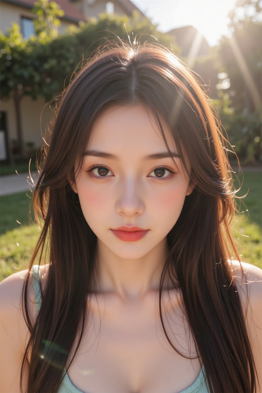 A close-up shot of a girl with soft lighting,  standing in a sunlit garden,  her face illuminated on Tensor.Art