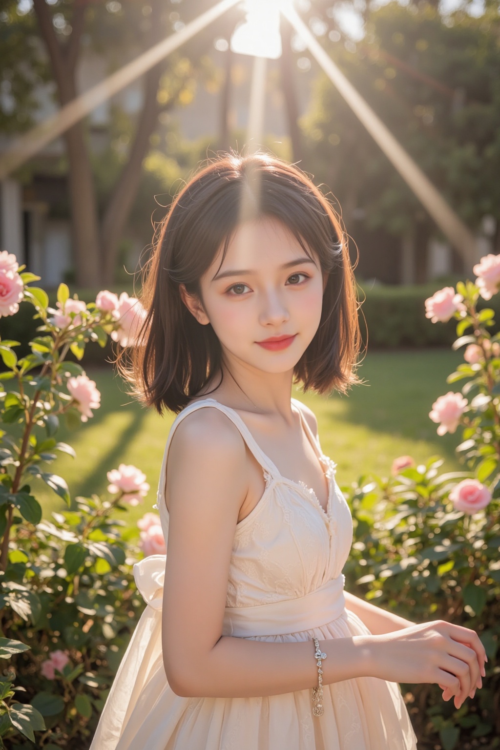A young and beautiful girl standing in a sunlit garden,  her face illuminated by soft sunlight. She stands with one hand o...