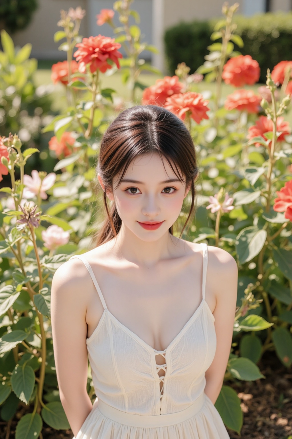 Close-up shot of a girl with soft lighting,  standing in a sunlit garden. She has her hands behind her back,  smiling gent...
