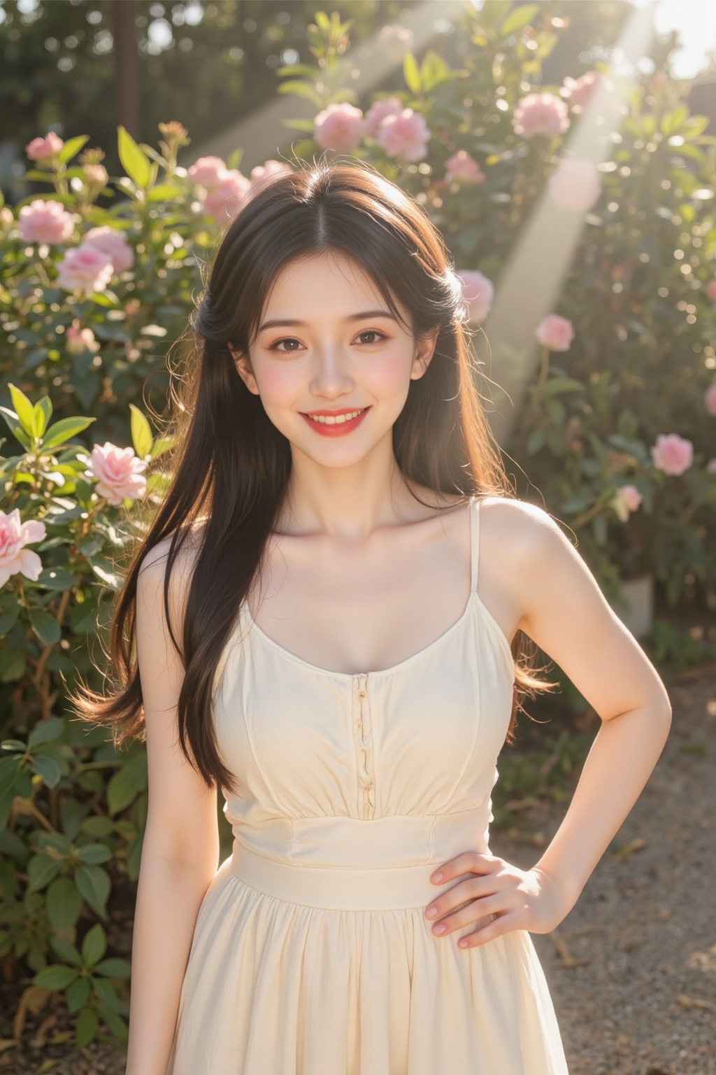 A young and beautiful girl standing in a sunlit garden,  her face illuminated by soft sunlight. She stands with one hand o...