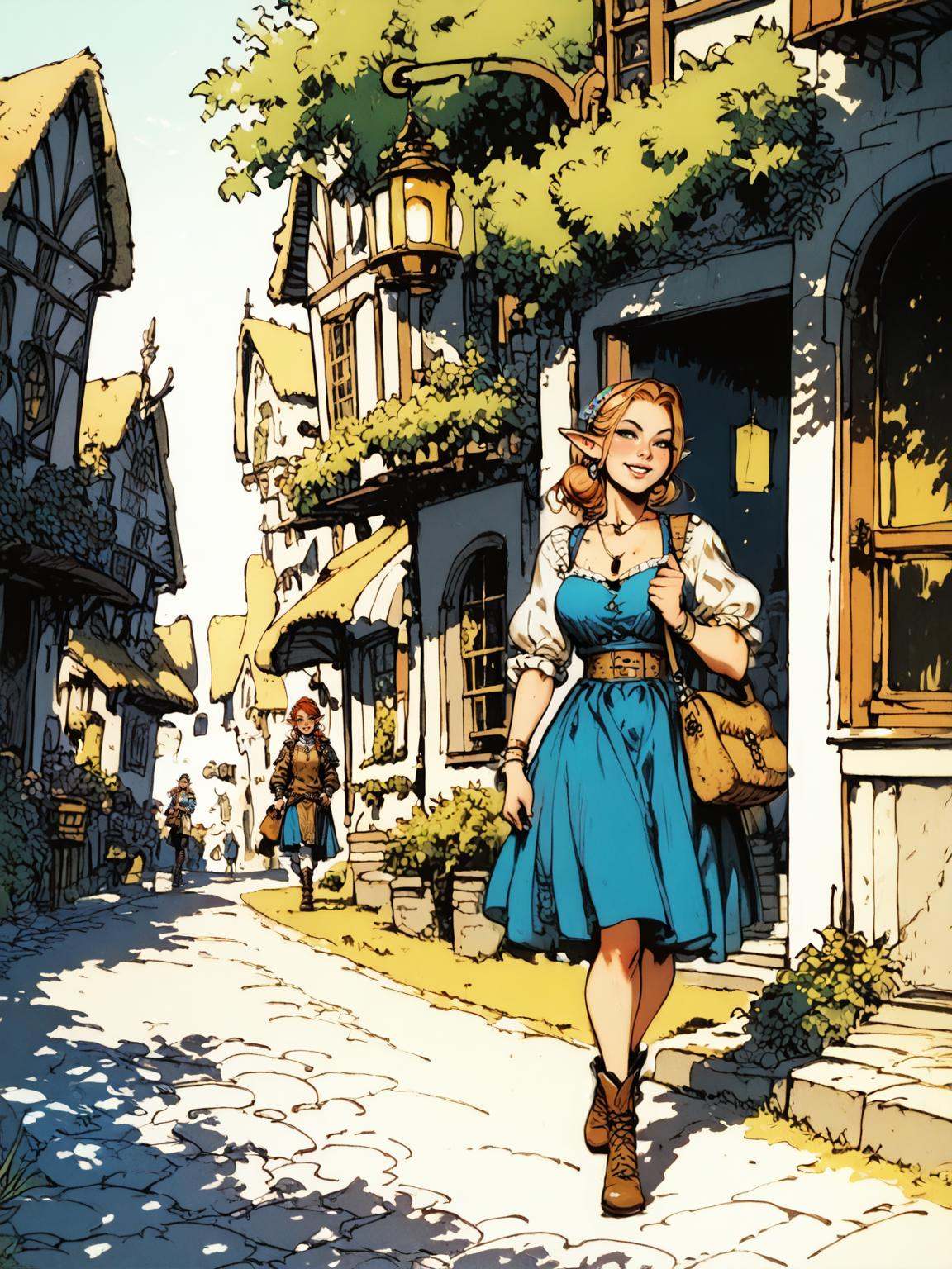 score_8_up,  score_7_up,  a medieval fantasy scenery with an elf woman walking in a street. on Tensor.Art