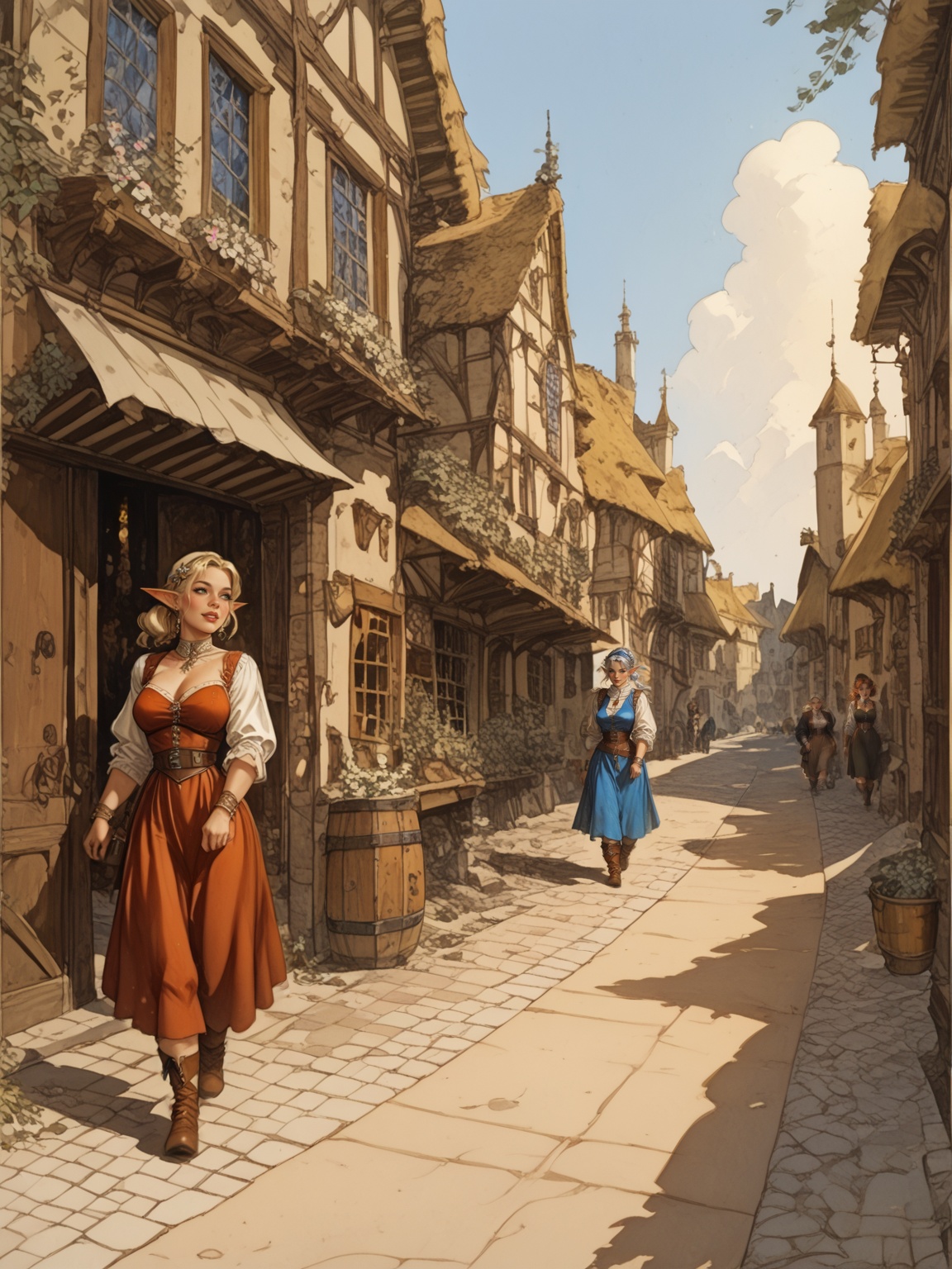 score_8_up,  score_7_up,  a medieval fantasy scenery with an elf woman walking in a street. on Tensor.Art
