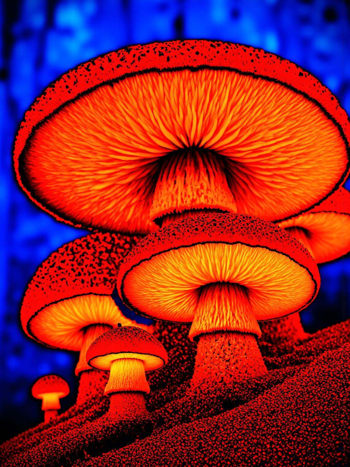 This is Chromostereopsis effect represented on a photography of red and yellow mushrooms with sharp contour. Warm and shar...