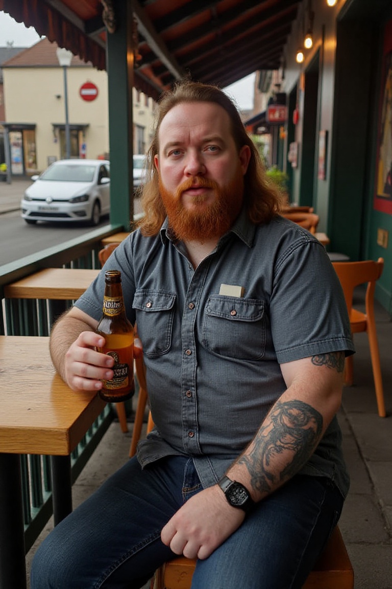 photo of bxd man,  handsome man sitting outside of a pub in dublin,  long ginger hair on Tensor.Art