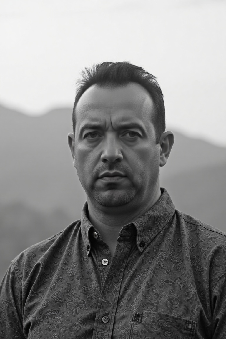 photo of bxd man,  The image is a black-and-white photograph of a man with short hair and a beard,  wearing a patterned sh...
