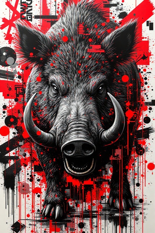 Collage of a furious wild boar,  explosive urban art style,  savage intensity on Tensor.Art