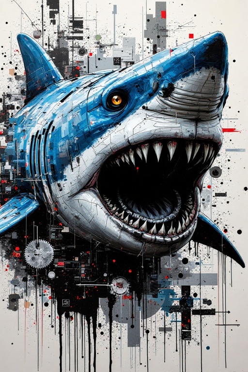 Collage of a terrifying great white shark,  apocalyptic urban art style,  razor-sharp graphic deconstruction on Tensor.Art