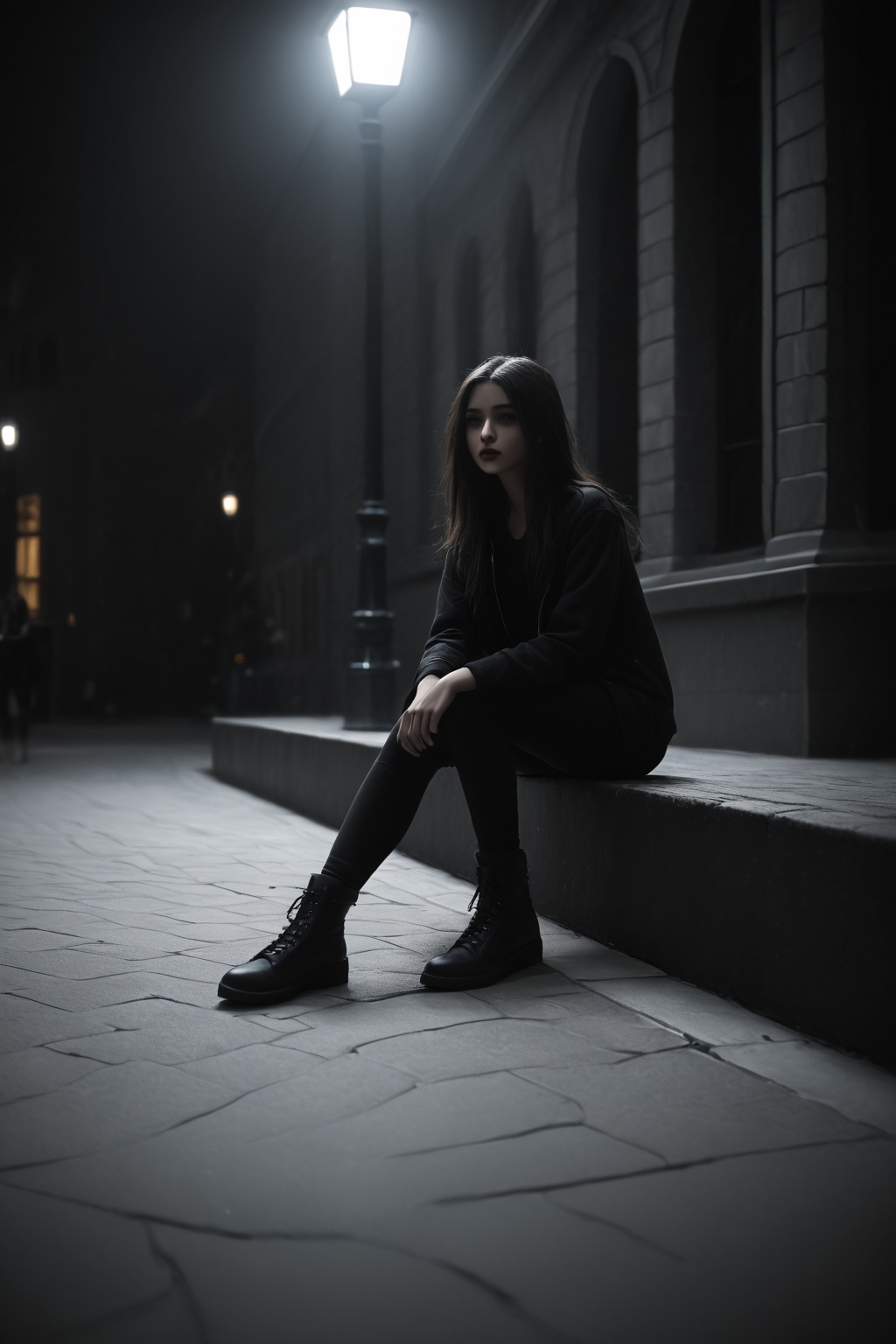 A girl sitting on the sidewalk in the dark,  Light Dark Dramatic on Tensor.Art