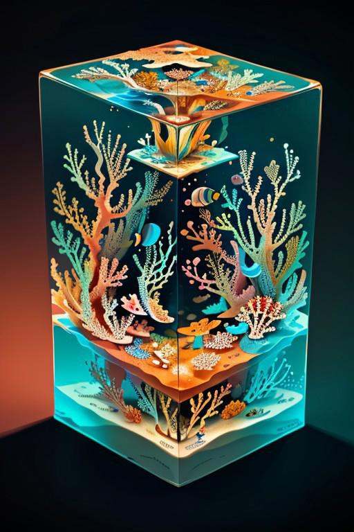 masterpiece,  best quality,  M1CR0CUB3D A miniature underwater world inside a clear cube on Tensor.Art