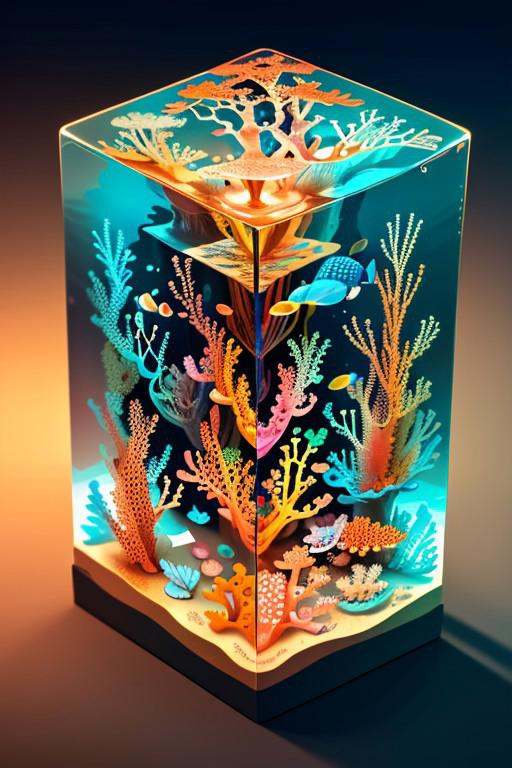 masterpiece,  best quality,  M1CR0CUB3D A miniature underwater world inside a clear cube on Tensor.Art