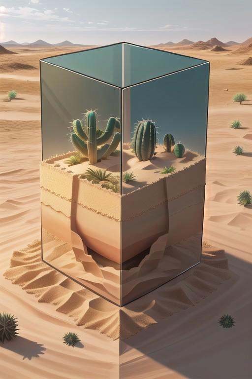 masterpiece,  best quality,  M1CR0CUB3D A desert landscape trapped in a glass cube on Tensor.Art