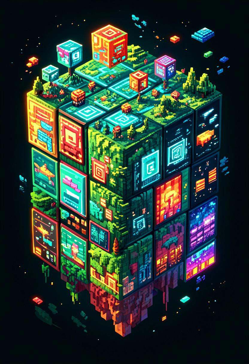 PonyXLV6_Scores ,  M1CR0CUB3D Hypixel Skyblock reimagined as a cube,  floating islands on Tensor.Art