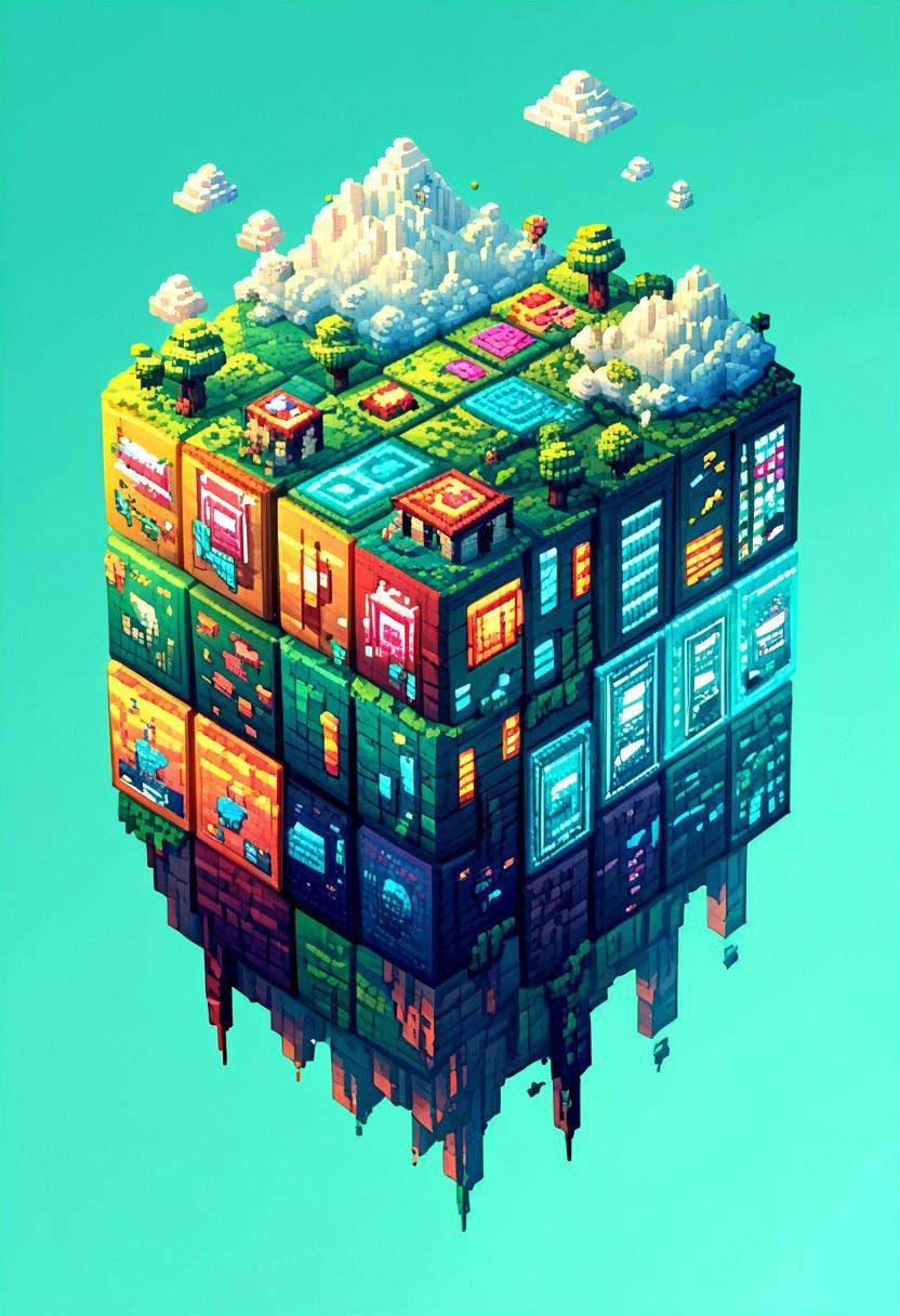 PonyXLV6_Scores ,  M1CR0CUB3D Hypixel Skyblock reimagined as a cube,  floating islands on Tensor.Art