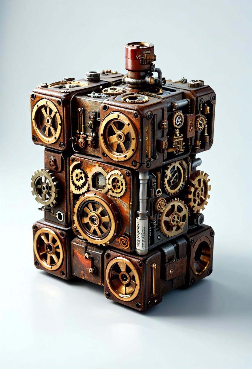 PonyXLV6_Scores ,  M1CR0CUB3D Steampunk city confined to a perfect cube,  gears and pipes visible on Tensor.Art