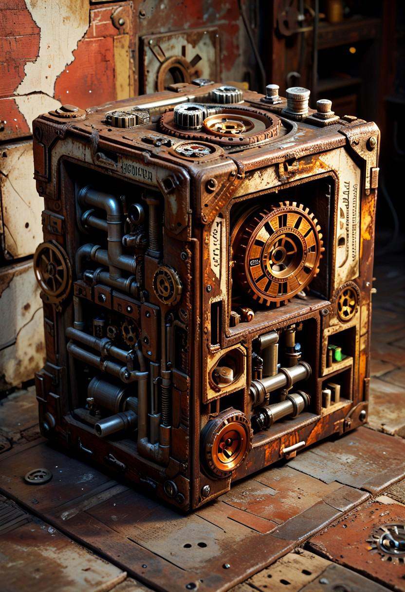 PonyXLV6_Scores ,  M1CR0CUB3D Steampunk city confined to a perfect cube,  gears and pipes visible on Tensor.Art