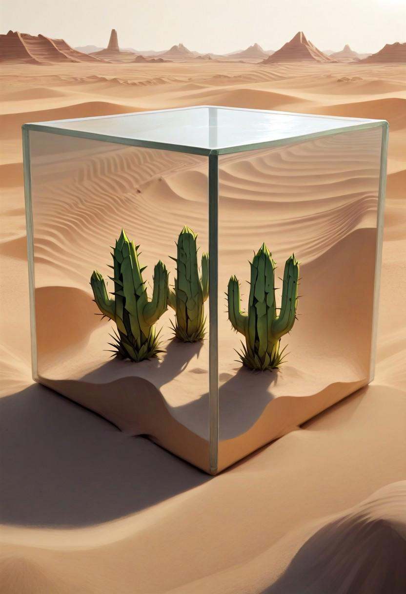 masterpiece,  best quality,  M1CR0CUB3D A desert landscape trapped in a glass cube on Tensor.Art