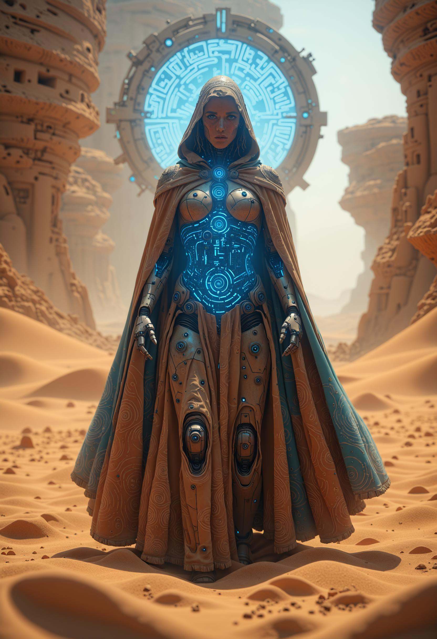 A captivating cinematic close-up of a mysterious,  hooded figure set against a warm and muted desert landscape. The figure...
