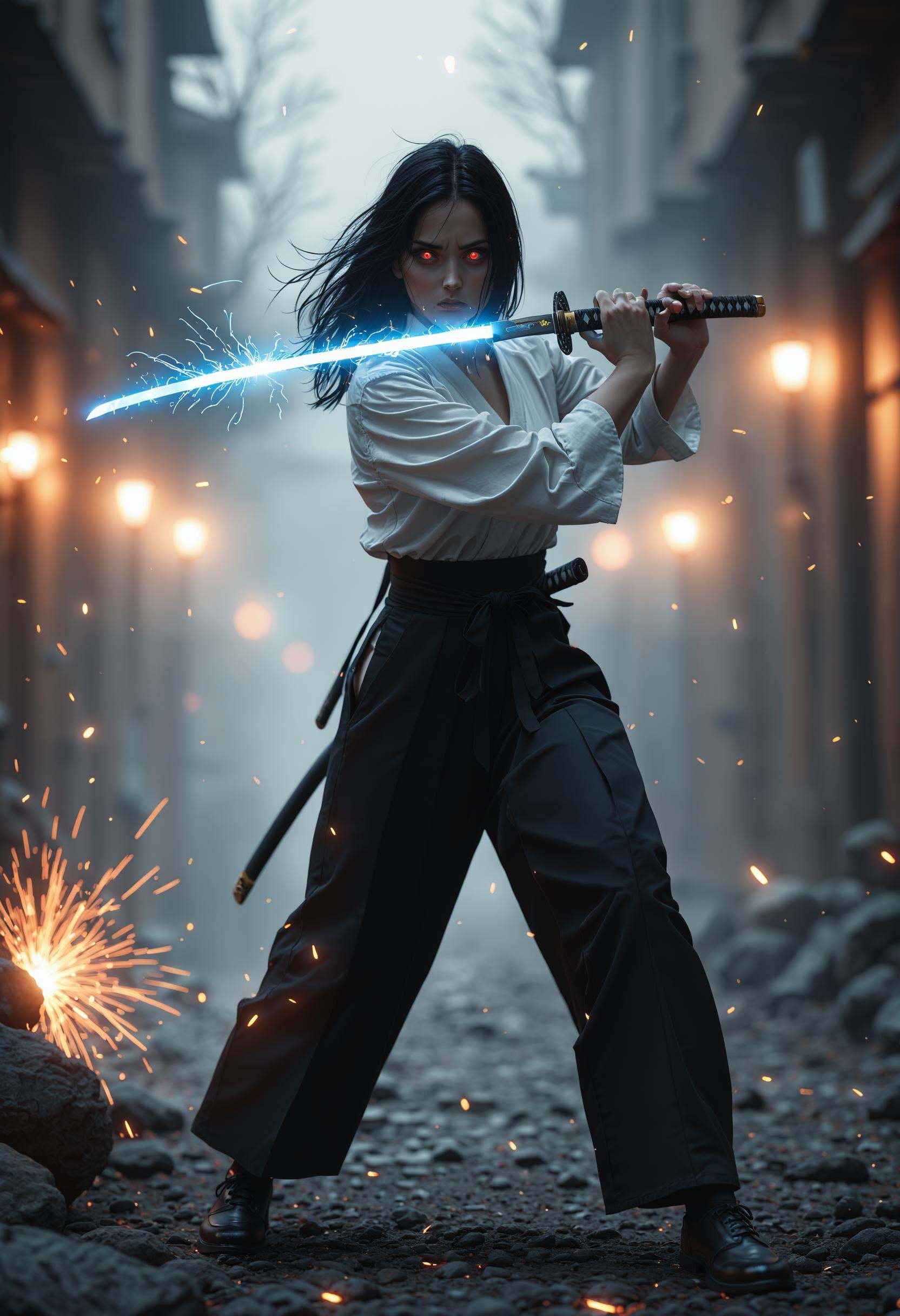A woman in black pants and a white top wields a glowing blue katana,  Her short black hair partially obscures her intense,...