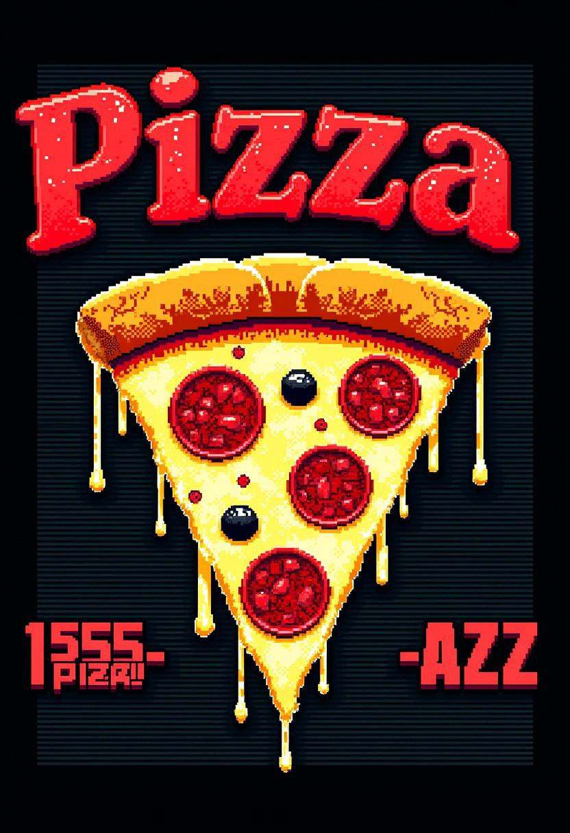 Pixelated slice of pizza with and ,  featuring a teletext-style logo saying “” in bold pixel font. Include a playful fake...