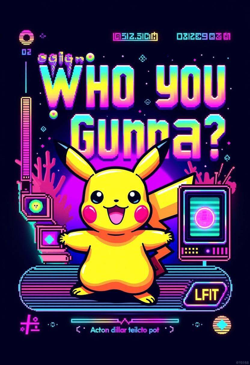 Pixel font text saying “” in vibrant rainbow gradients,  styled like 1980s teletext. Include a illustration on the side,...