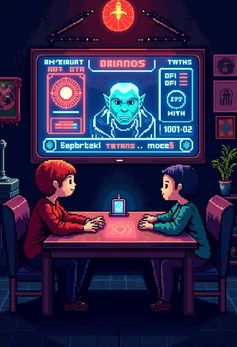 in a retro gaming room,  on screen,  players with around a table on Tensor.Art